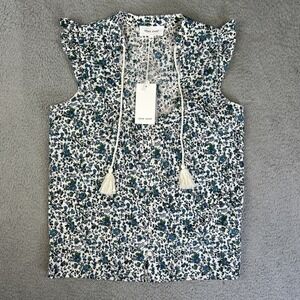 Dear John Blouse Womens XS Floral Felicity V Neck Tassels Sleeveless Ruffles NEW